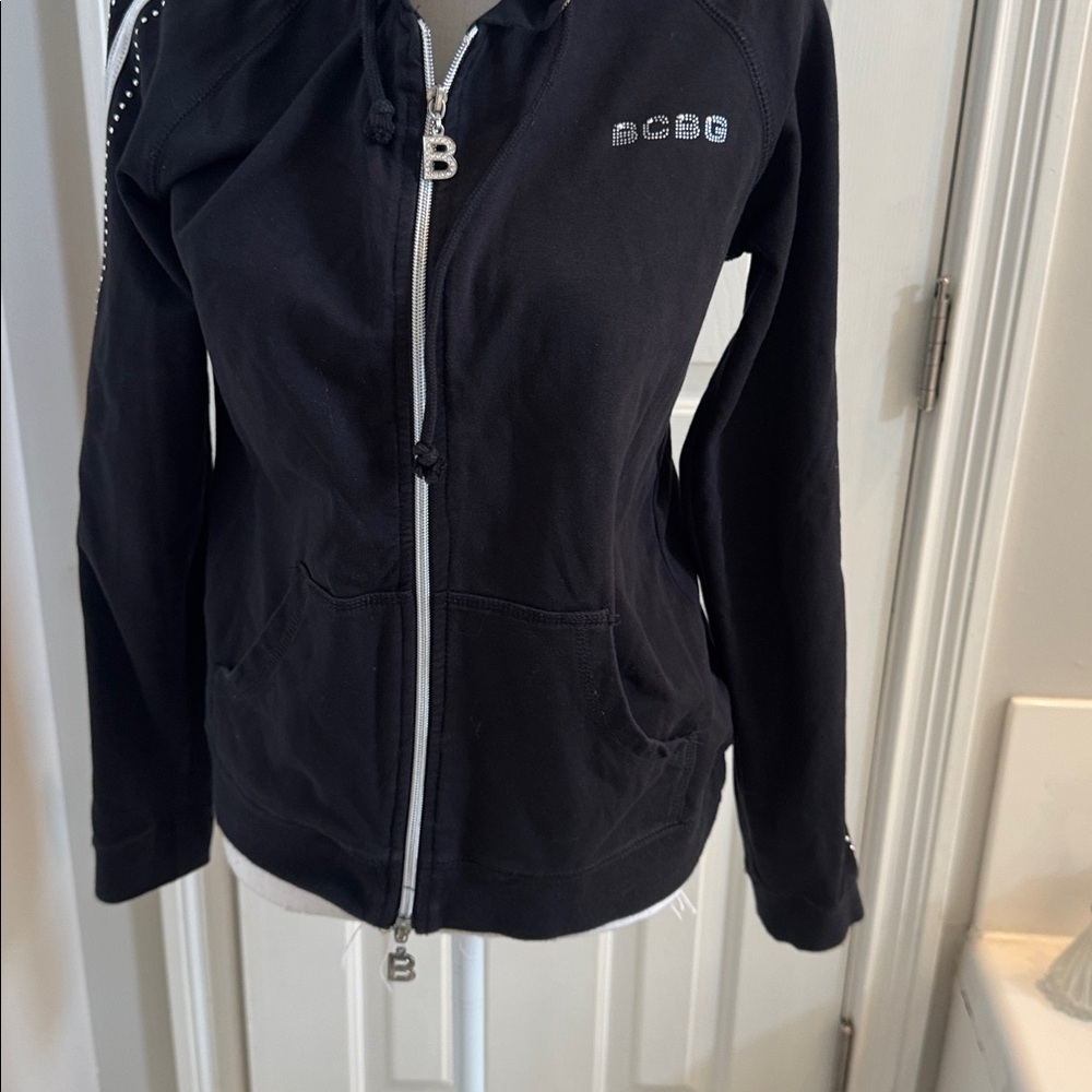 BCBG MaxAzria Vintage Black Hooded Jacket with Rhinestone & Studded Accents - Picture 3 of 12